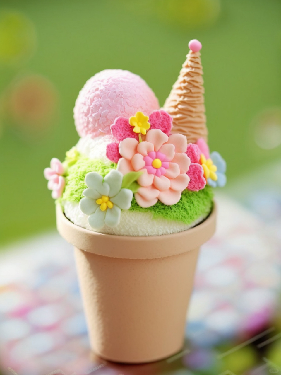 开心果冰淇淋 阳光下奶呼呼的,被鲜花包裹着