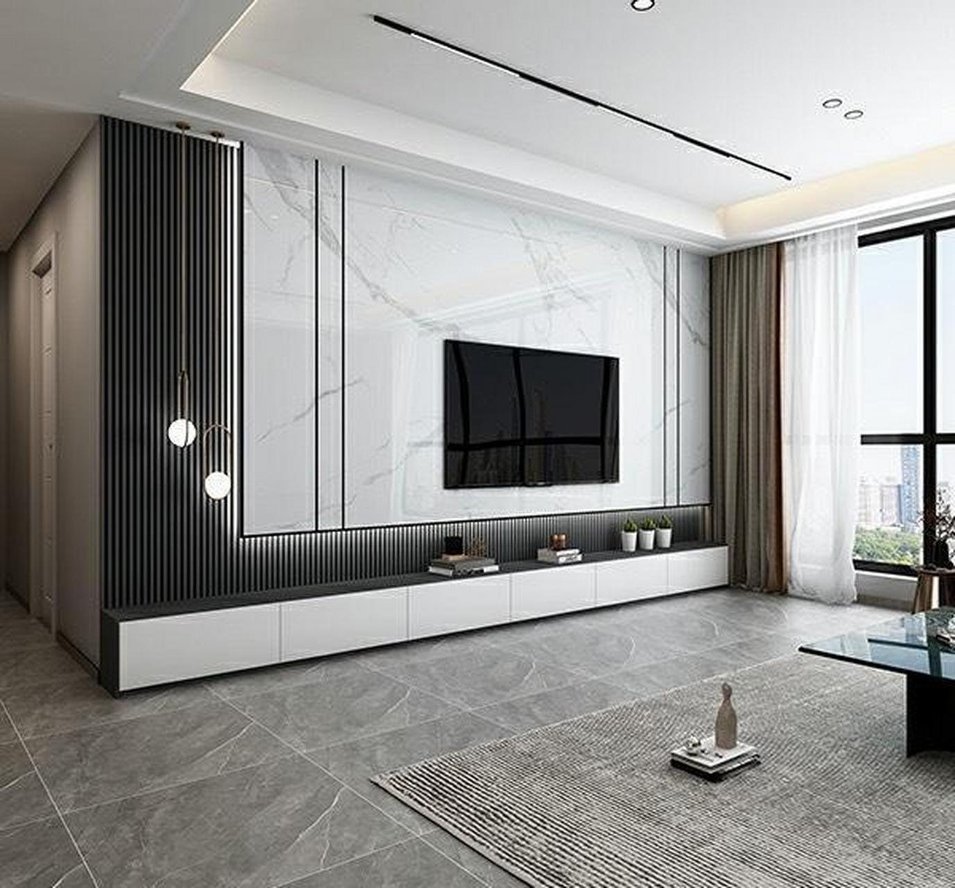 轻奢风格,悬空岩板,大板电视背景墙 电视背景墙作为客