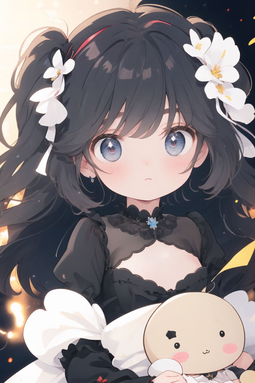 动漫女孩似天仙, 头戴珠宝巧发饰. 身姿曼妙着黑衣, 裙摆轻扬舞翩跹.