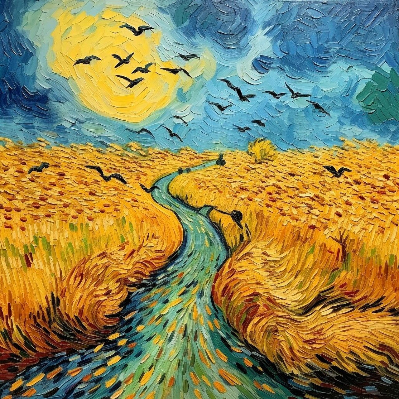 梵高风 油画——麦田上的鸦群  《麦田上的鸦群》是梵高创作中最具