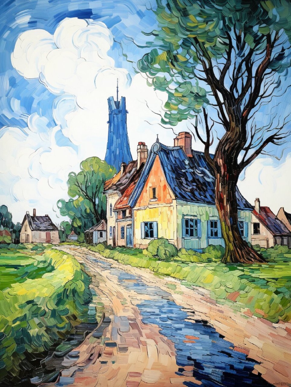 门前大树下乘凉-油画  整个画面以暖色调为主,给人一种温馨舒适的感觉