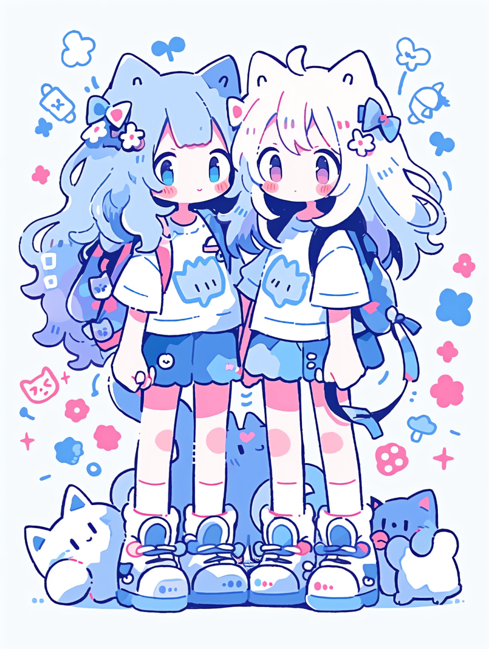 粉粉哒猫系女孩闺蜜合影  在midjourney的默认模式下,我们创造了一个