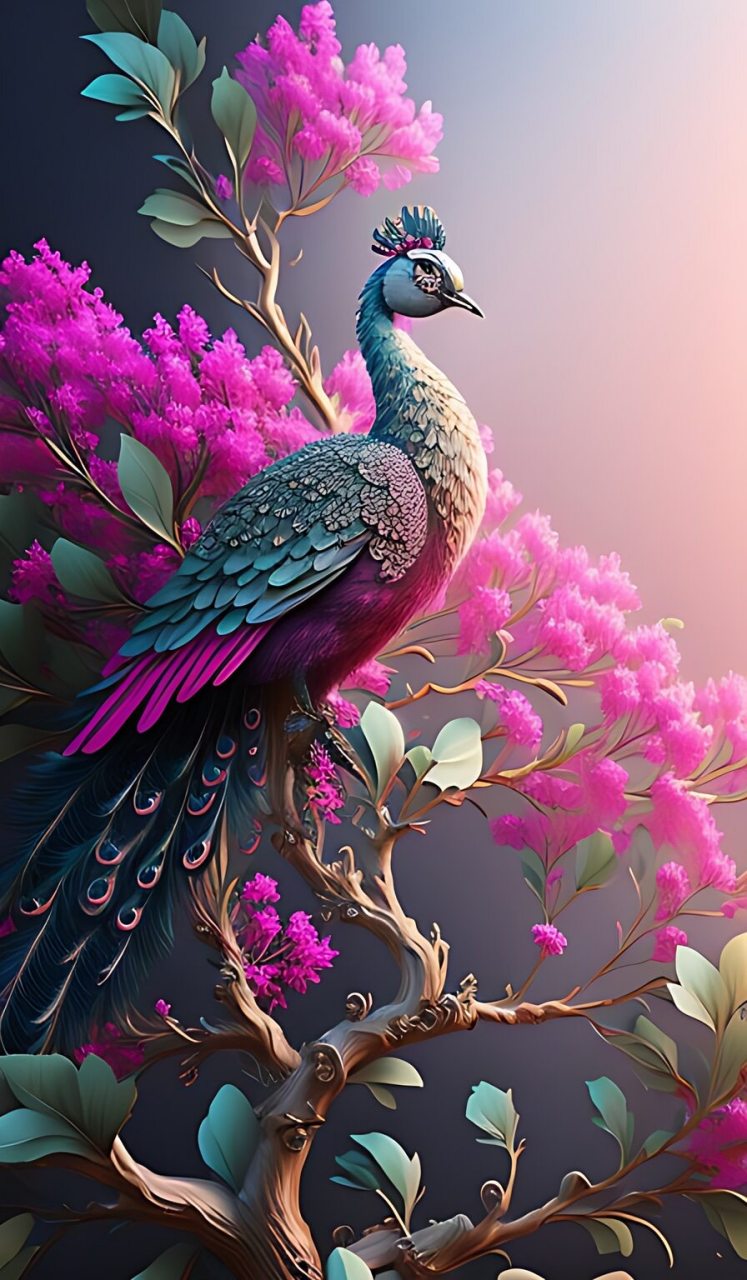 树枝上,孔雀画翩翩, 粉色与海蓝宝石争艳.