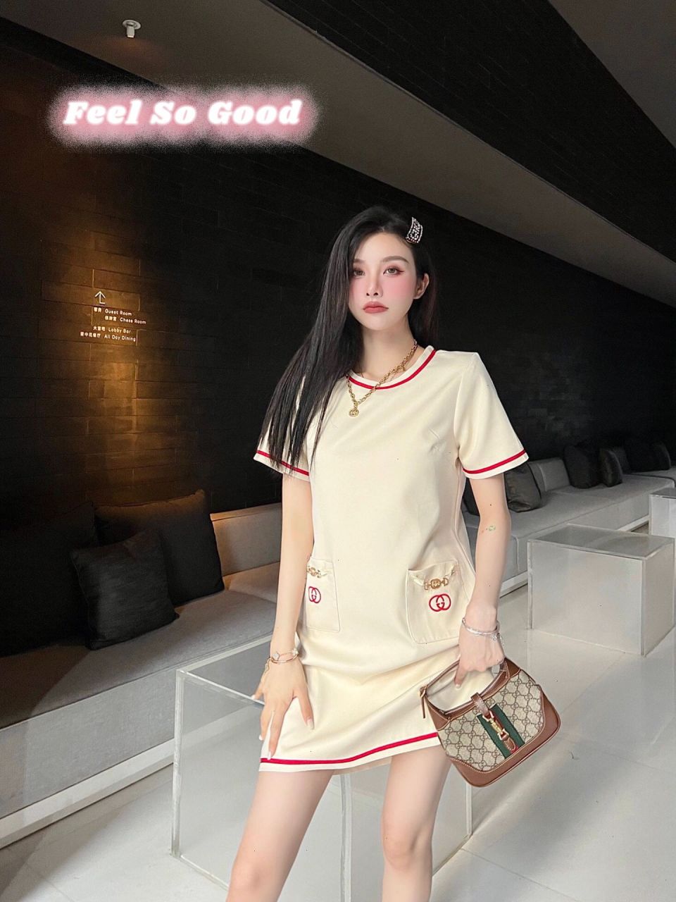 古驰新款春夏连衣裙 领口袖口裙摆撞色织带拼接边,忒别显身材,对称