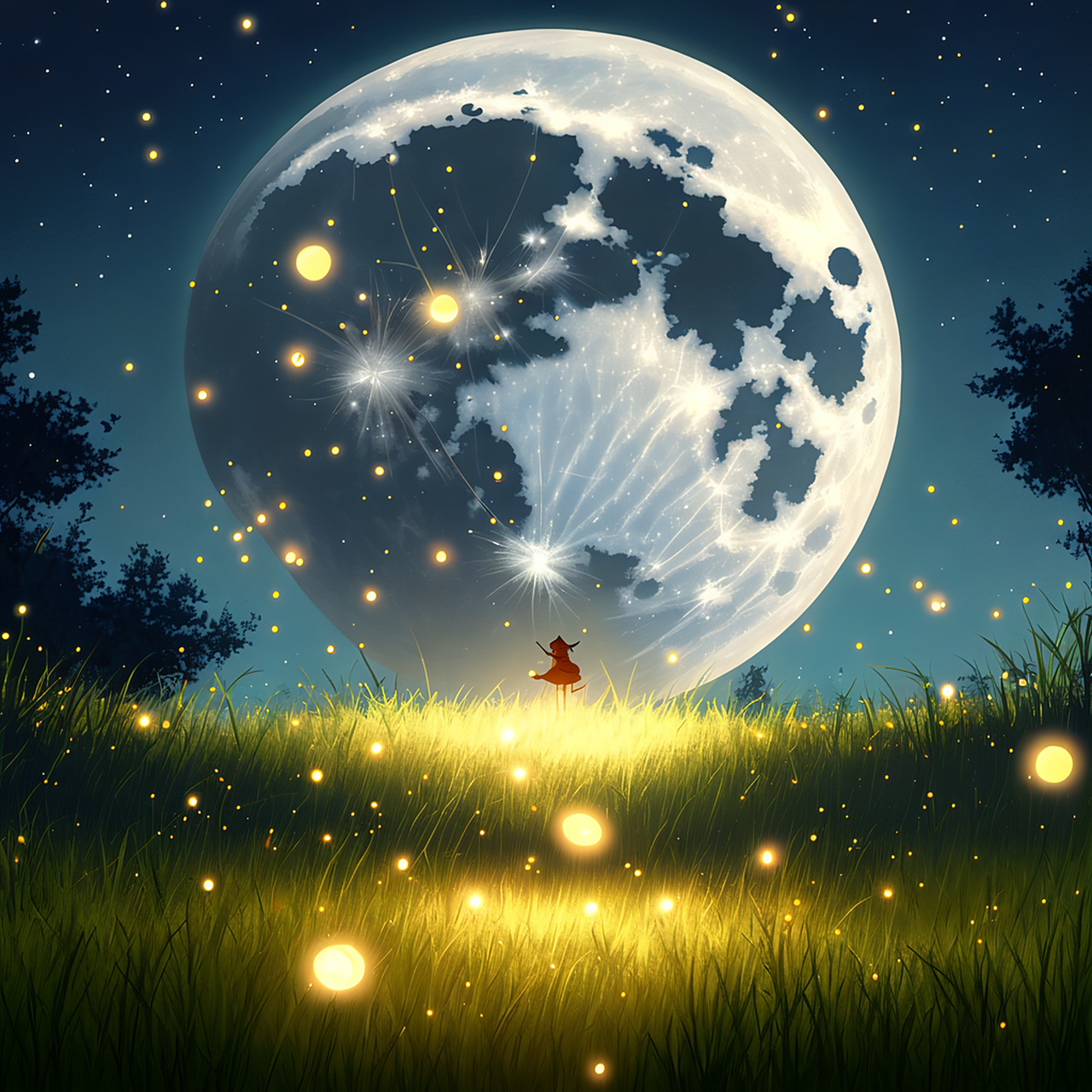 《夜色中共舞,月亮与萤火的狂想》 萤火在星空里舞蹈, 月亮在山巅上