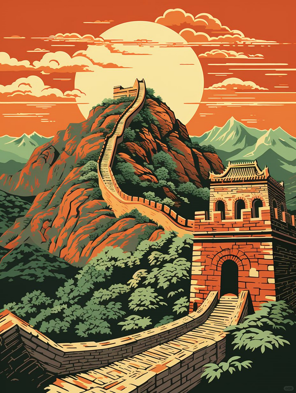 midjourney绘图 | 万里长城  关键词 lino cut,the great wall of