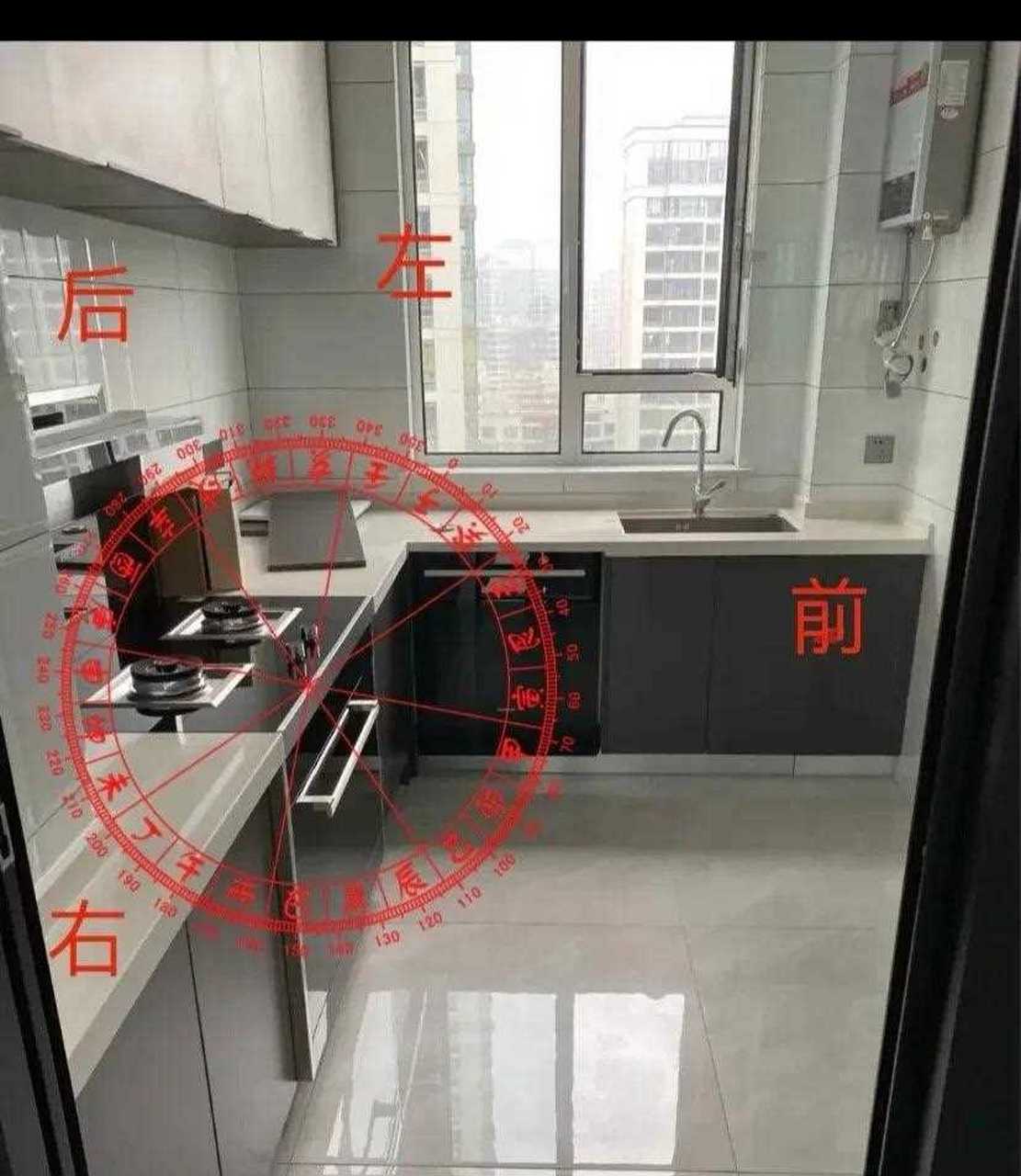 下图是厨房内标准的风水布局,左右前后,动静合理.