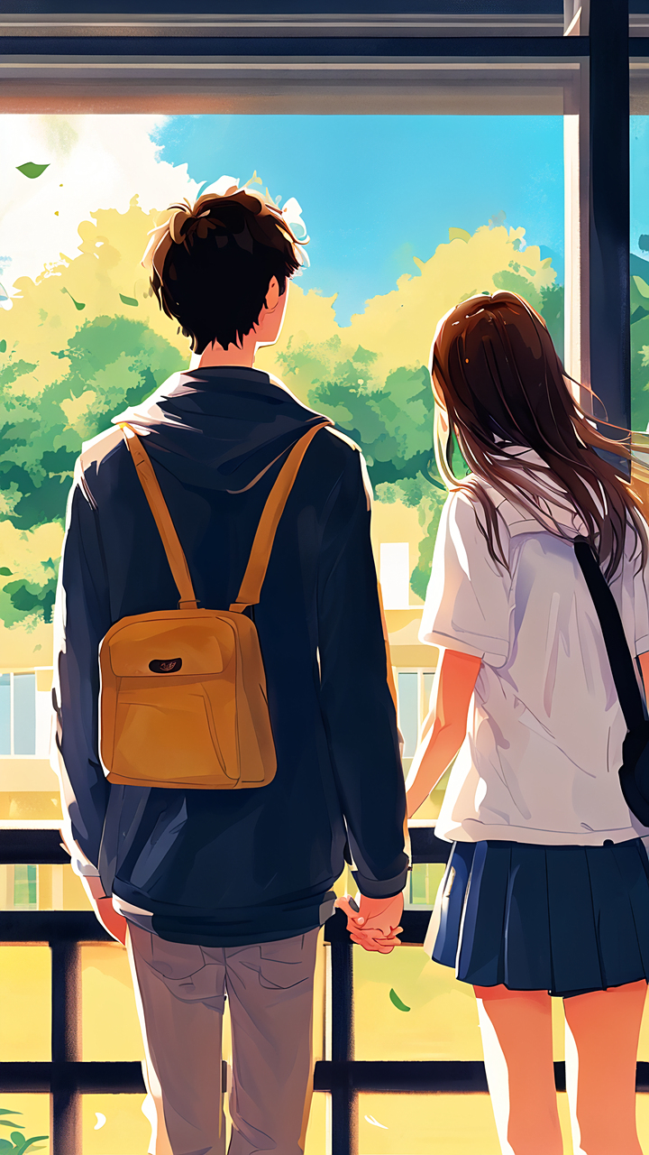 唯美二次元,夏季校园,一对情侣,完美情侣背影,明亮插画,文艺治愈系