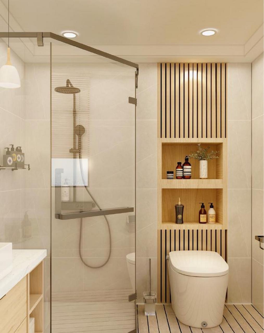 卫生间利用壁龛的设计扩大使用面积,增加收纳的效果.