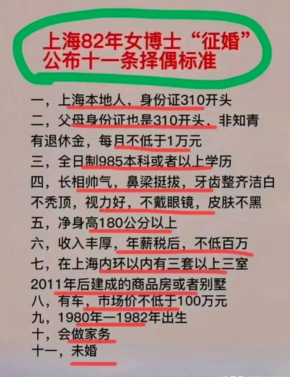 四十多歲的女博士在網上發佈了一則徵婚啟事,要求男方必須是985畢業的