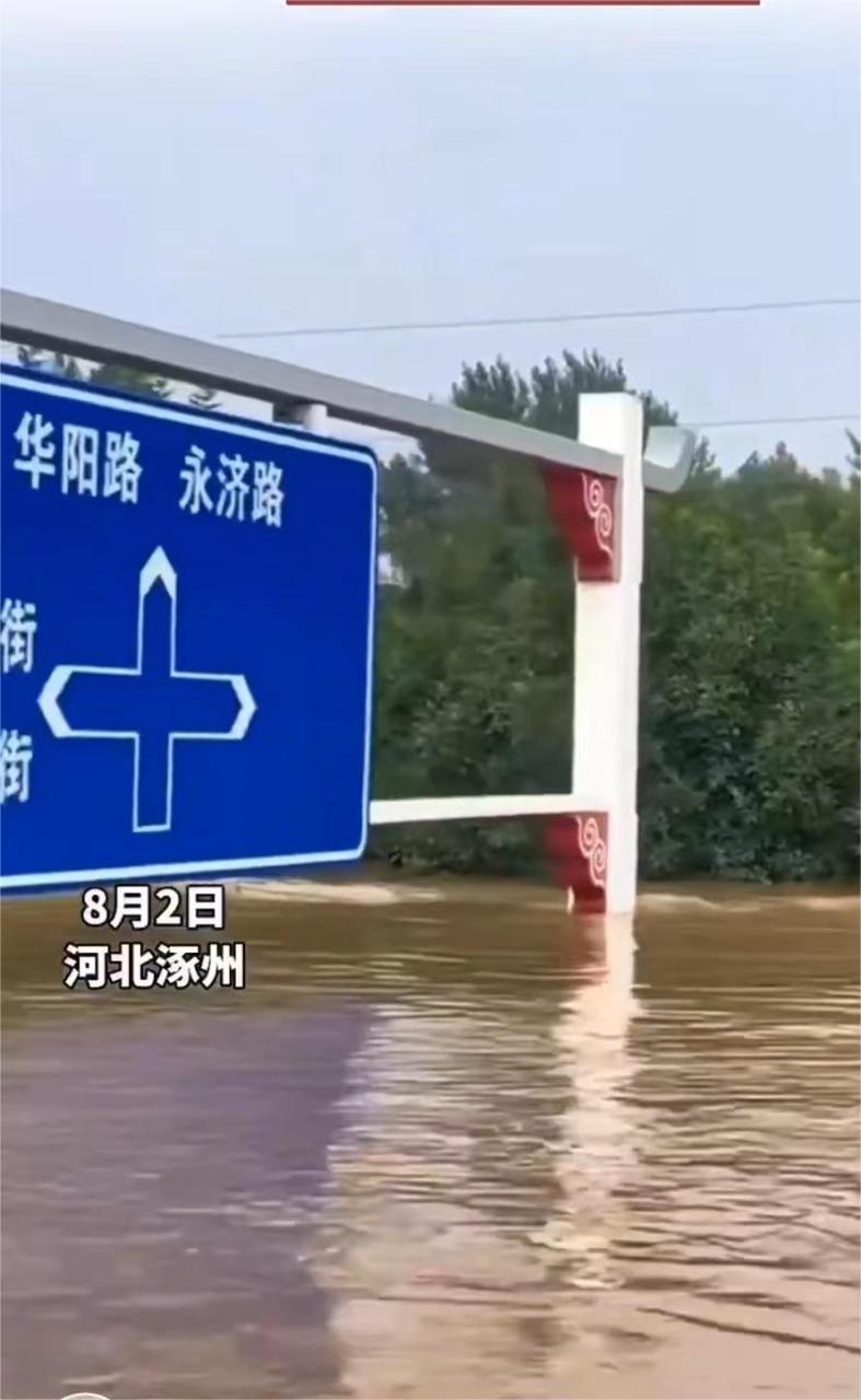 河北涿州救援现场,交通指示牌紧邻水面儿,水深能达到7,8米高,最深的