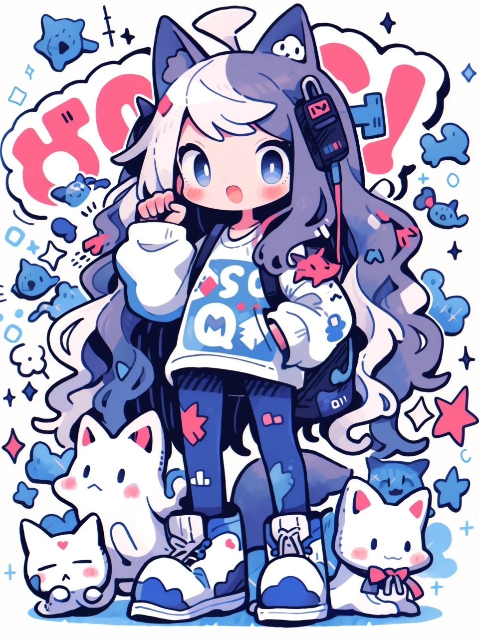 midjourney可爱涂鸦猫系女孩和猫猫  这么多的猫咪你想要养吗?