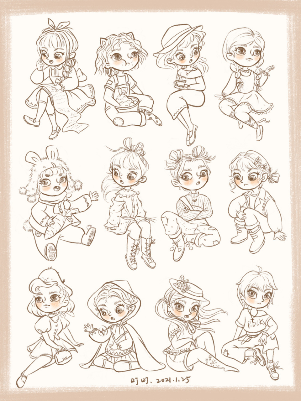 人物动态女生坐姿合集 #q版人物绘画# 12个不同坐姿不同造型的小女生