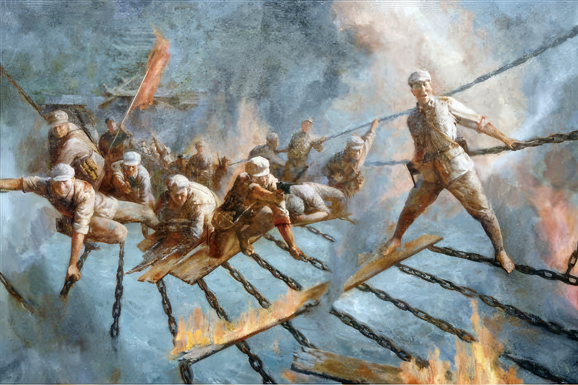 红军战士飞身夺桥:在红军飞夺泸定桥的过程中,有一