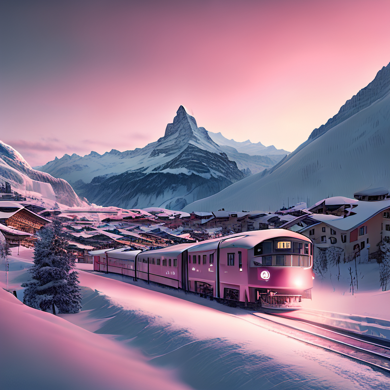 百度ai绘图黑科技#这是瑞士小镇的超现实cg渲染图,天空中的粉红色