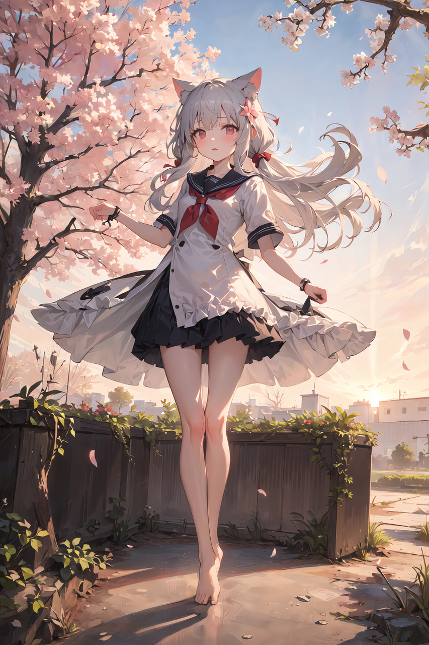 樱花下的白毛猫耳娘[期待][期待]  #二次元