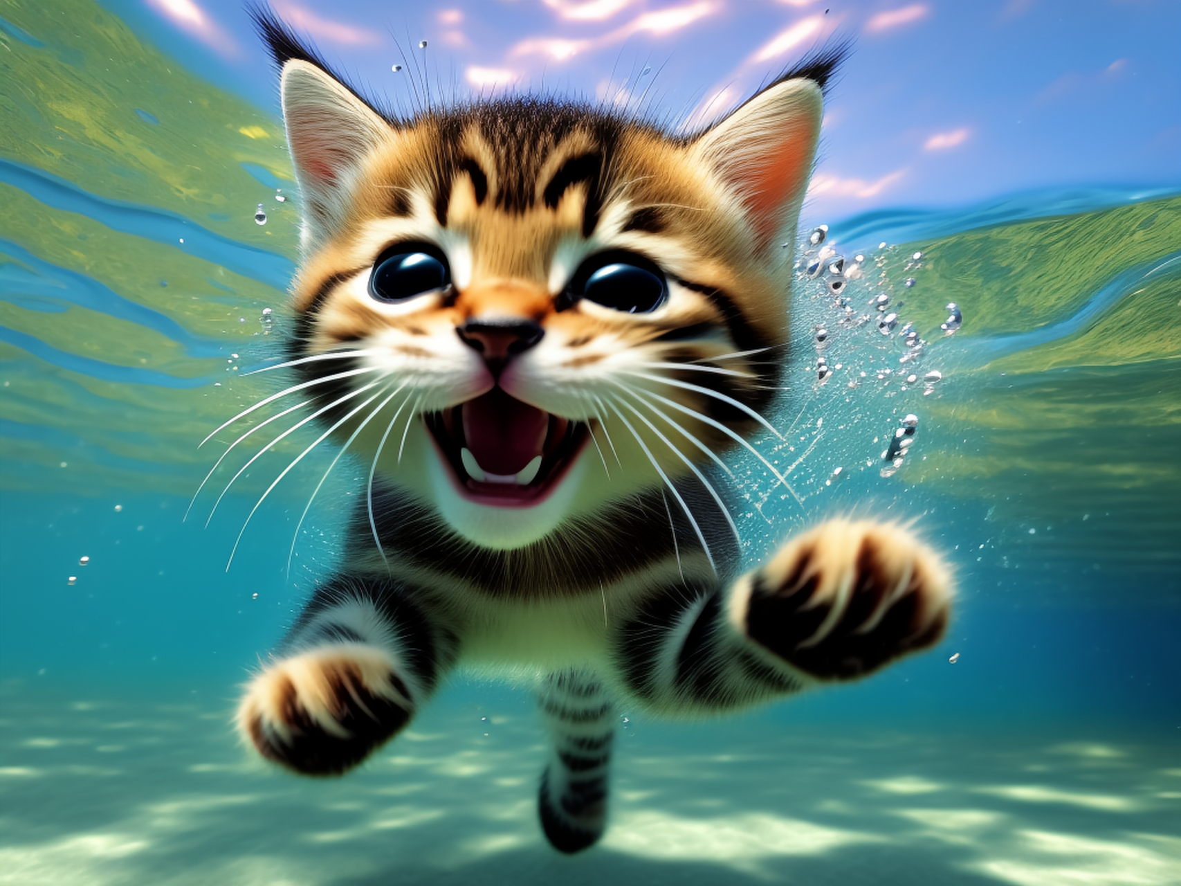 一只猫咪很开心的在水里游泳,它的身体轻盈地在水中漂浮着,小脚划动着