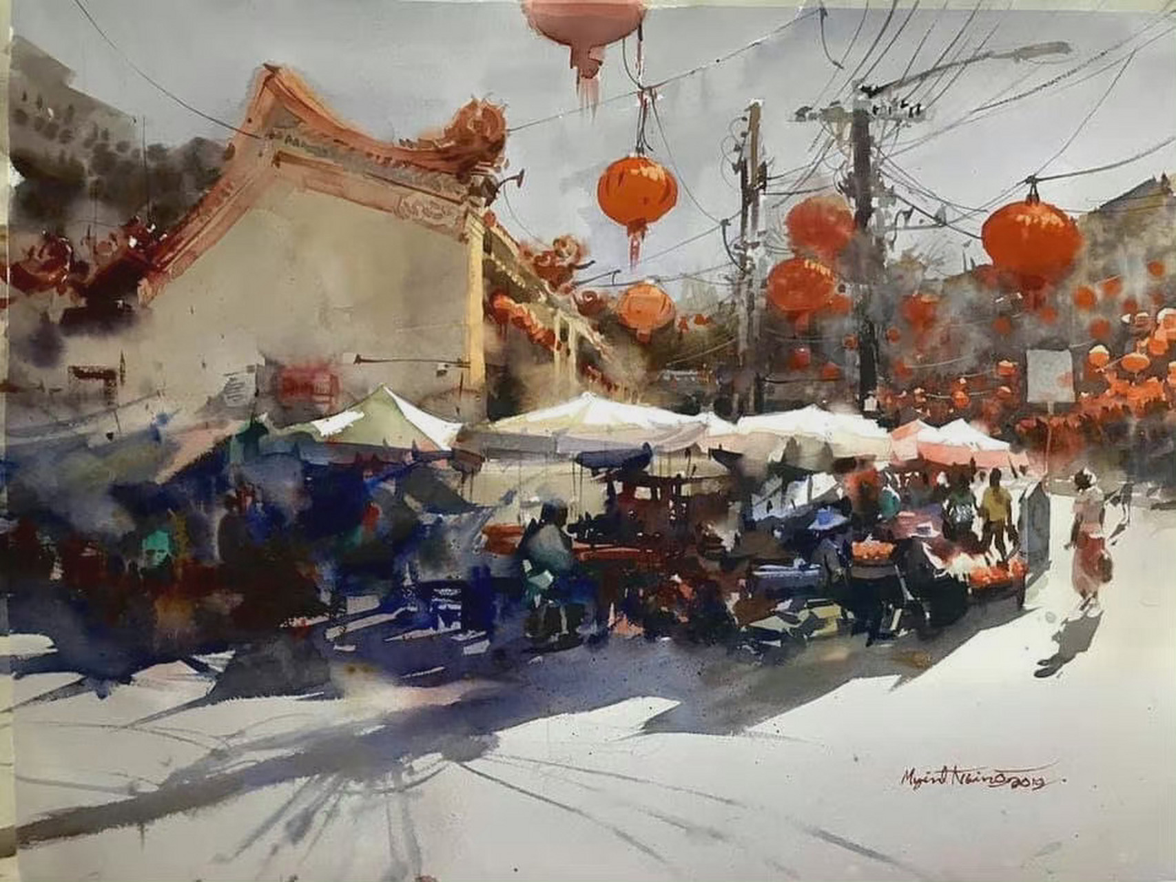 艺术家 myint naing 的水彩街市#水彩画#远伦分享