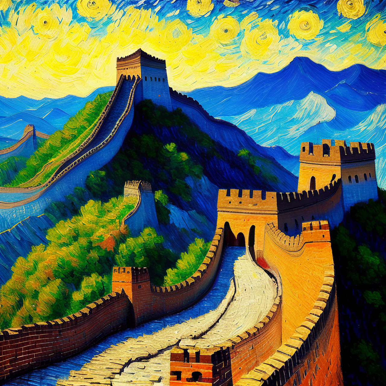 万里长城, 梵高画风, 印象派画法,哪个好看呢?#万云峰环保行为艺术