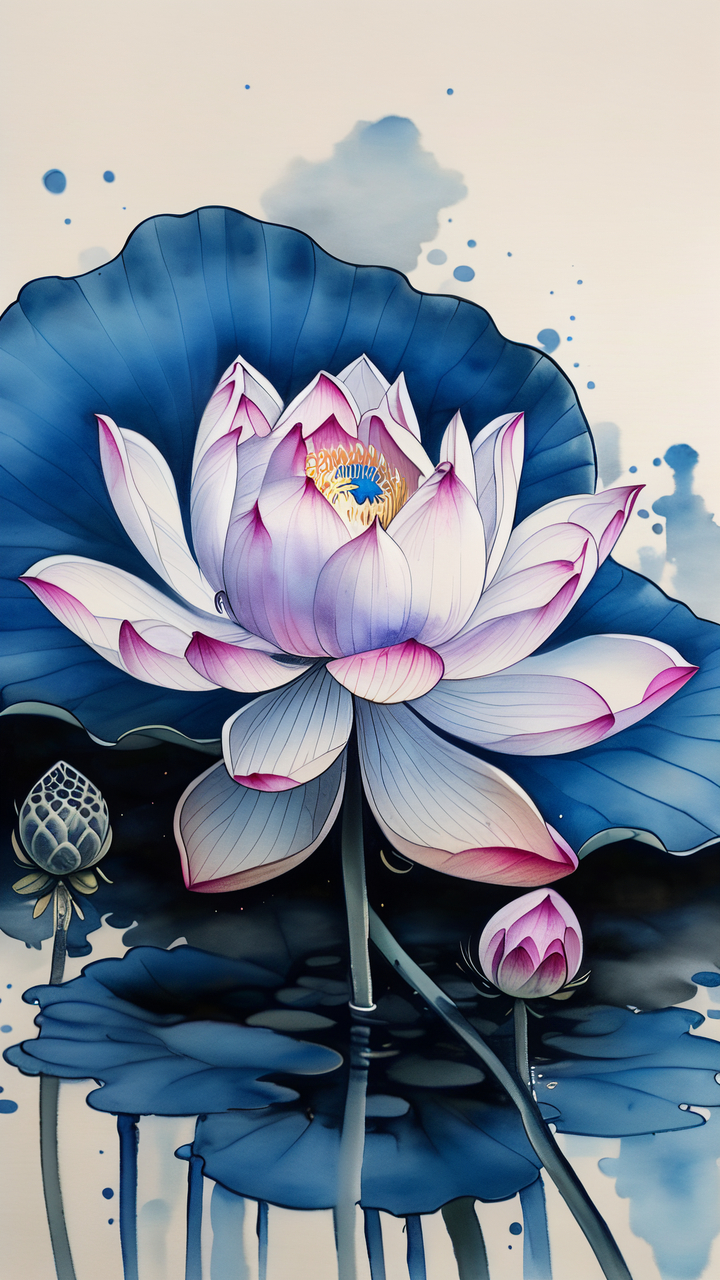 在细腻的宣纸上,一朵蓝色水莲花轻轻绽放,如梦如幻