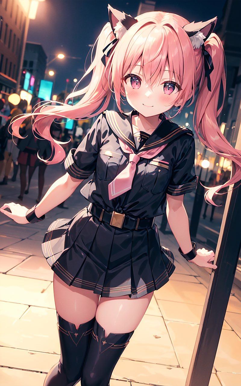 ai绘画# 穿着黑色jk的粉发猫耳少女