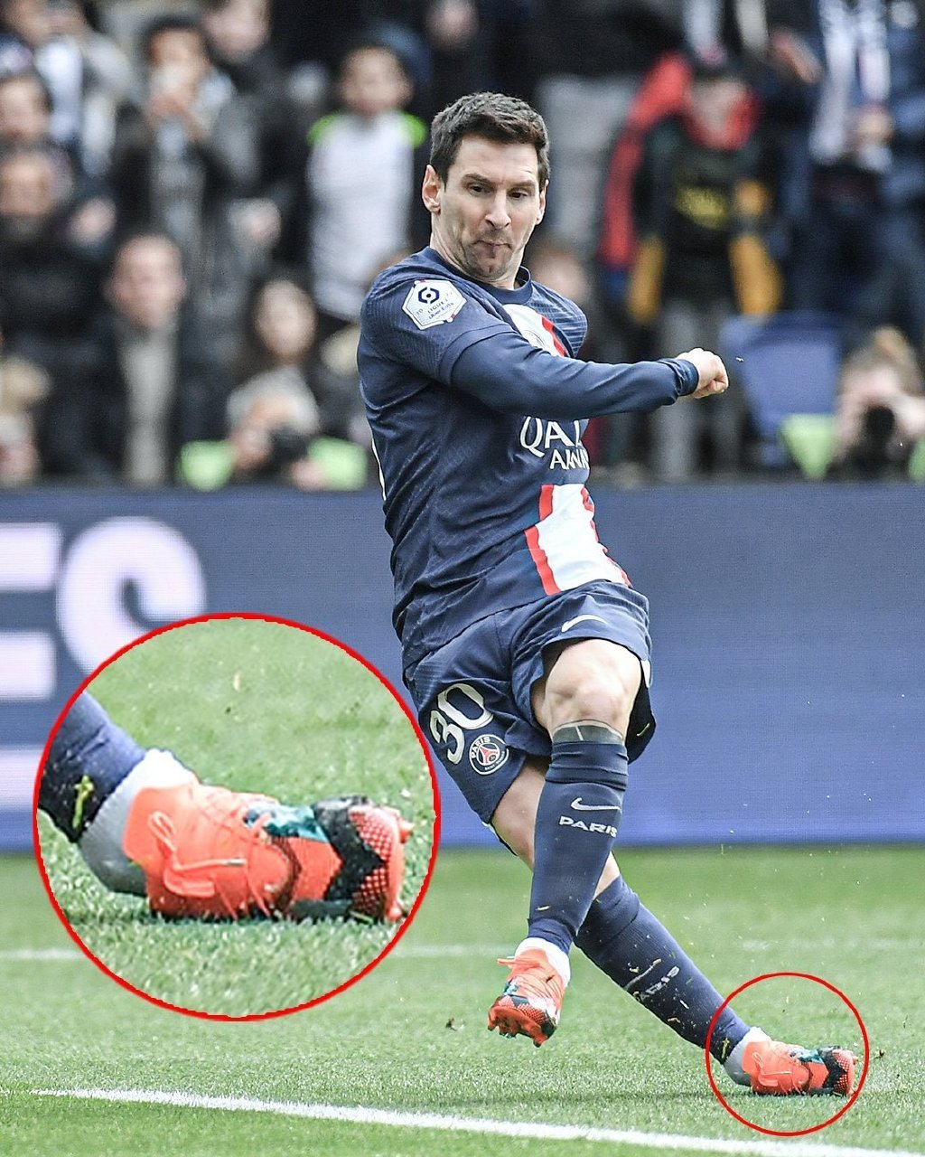 根据现场记者拍到的任意球瞬间照片看,梅西的支撑脚右脚脚踝,几乎是和