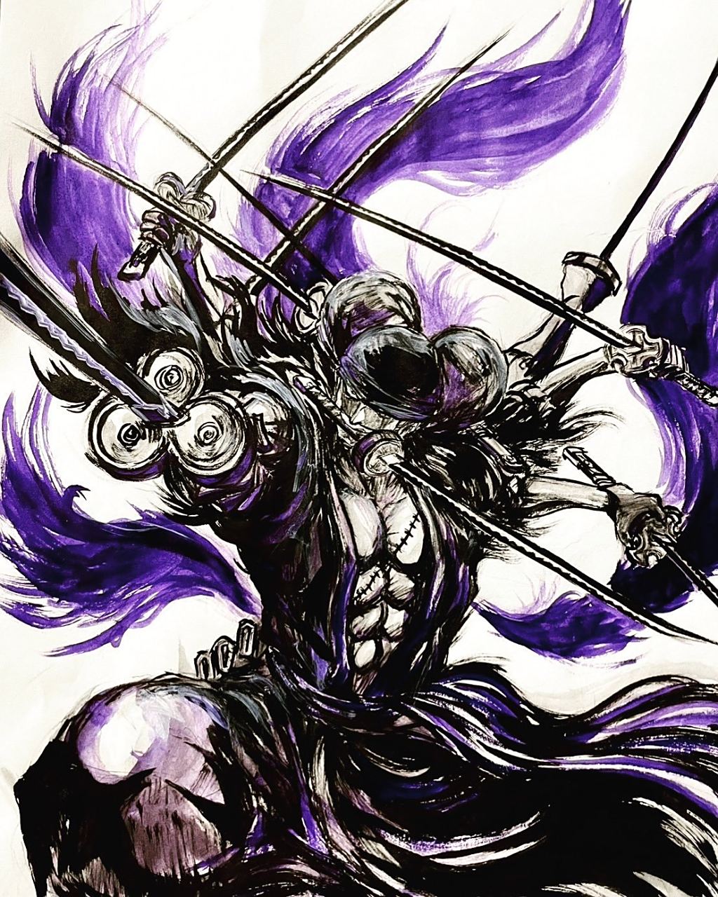 海贼王# 推特画师【仮】筆職人画作:索隆九刀流阿修罗!