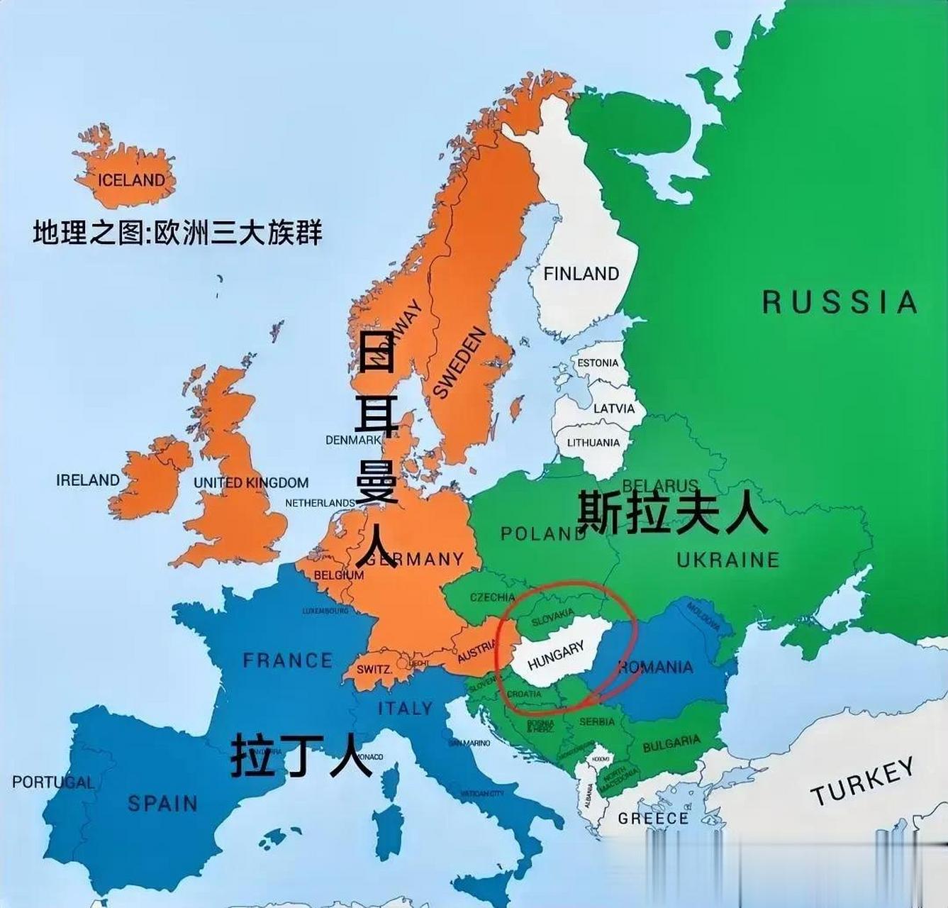 欧洲的三大族群——日耳曼人,拉丁人,斯拉夫人分布图