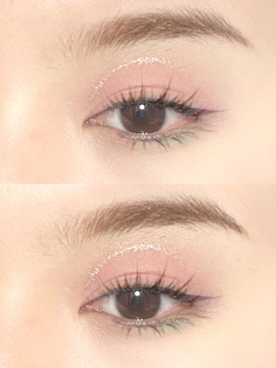 粉色眼影晕染整个眼皮,平拉出一条细细的紫色眼线,截断用银色的笔轻轻