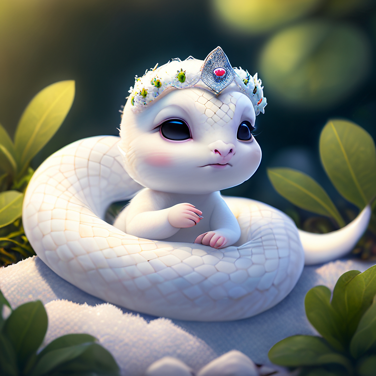 可爱的白蛇宝宝打扮成雪女王,有九条尾巴,皮克斯风格,拟人化,在花园里