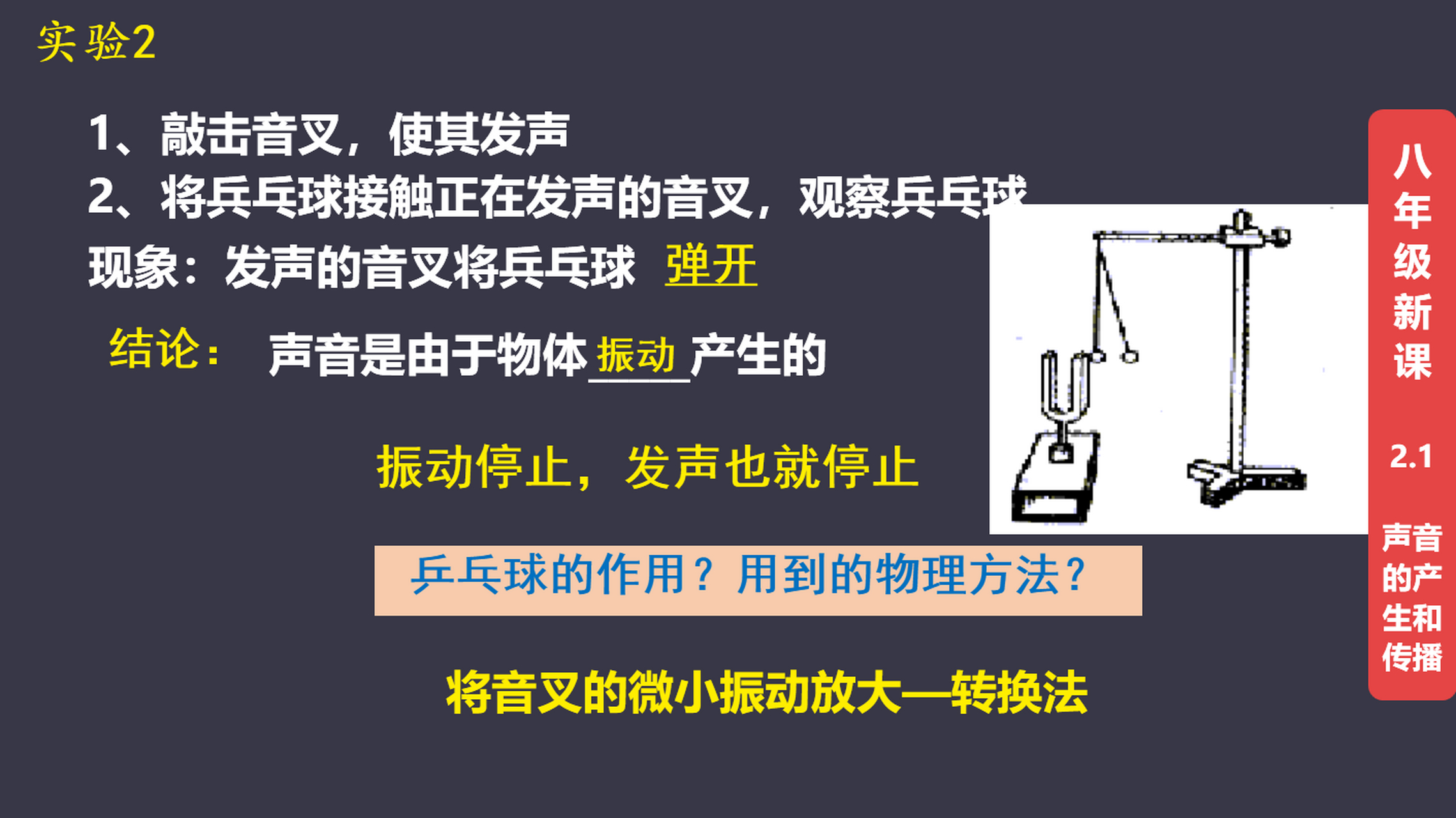1,敲击音叉,使其发声         2,将兵乓球接触正在发声的音叉,观察