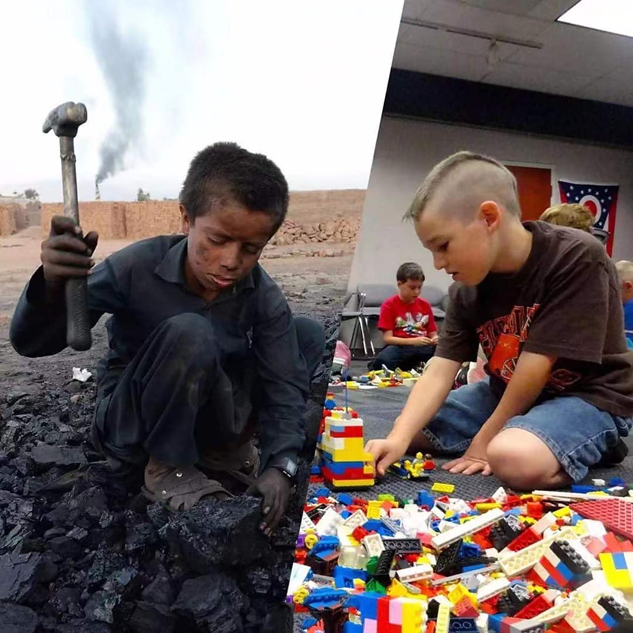 【用拼合图片的形式,强烈对比着战争与和平】  战争是人类历史上最