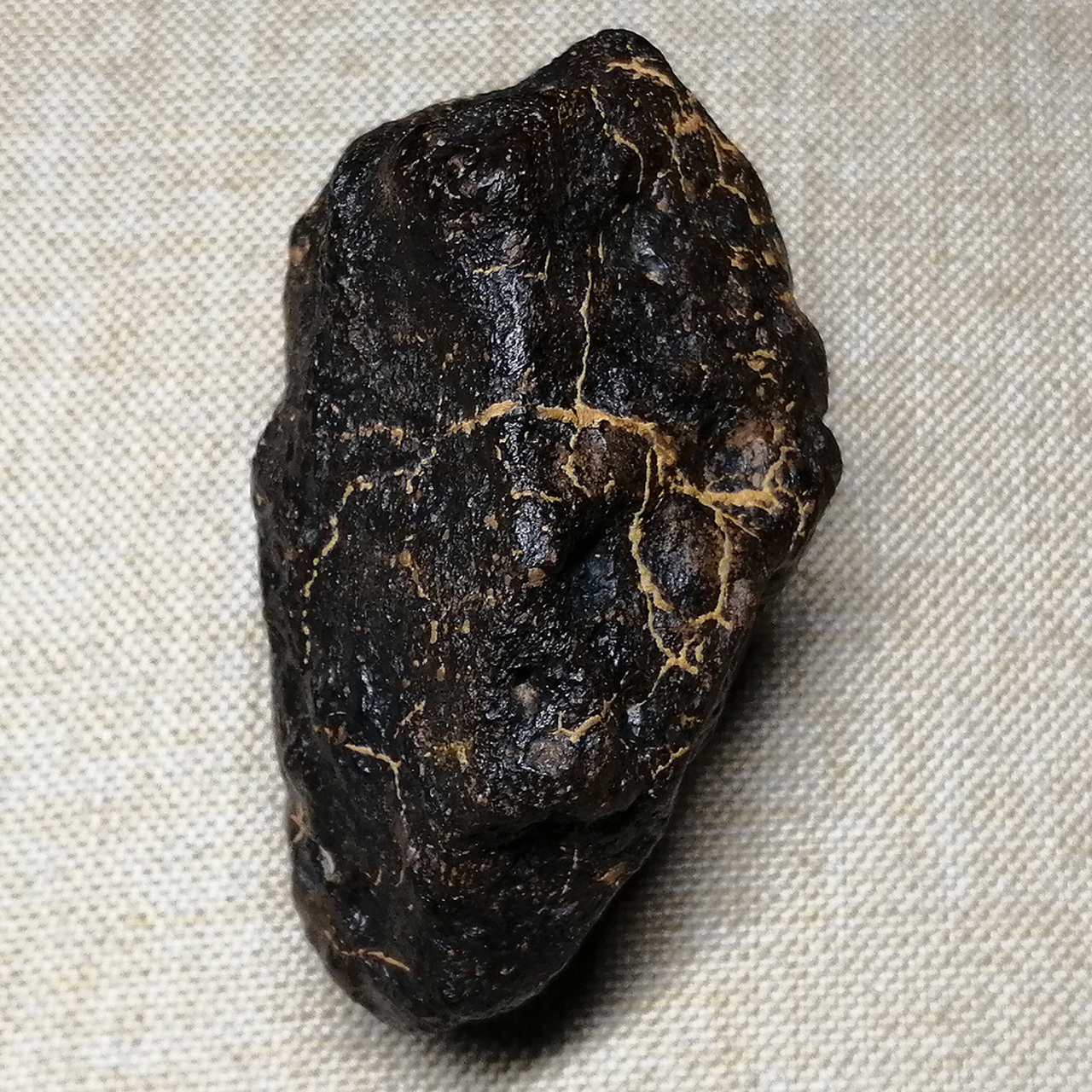 这块陨石的熔流线比较少见,因为陨石基质硫化物含量高,熔融后的硫化物