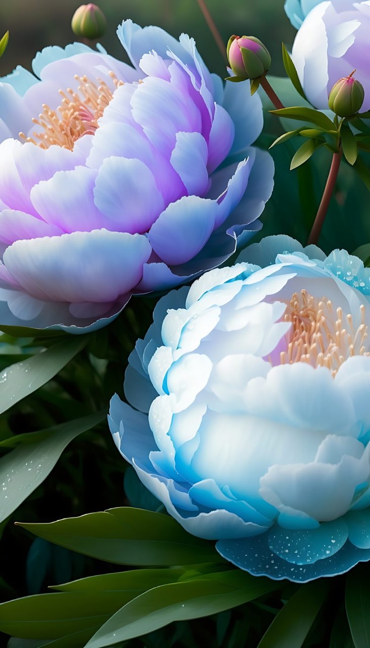 淡蓝色碎冰蓝芍药花,带着露珠水滴,绽放着清新的气息,仿佛置身于仙境