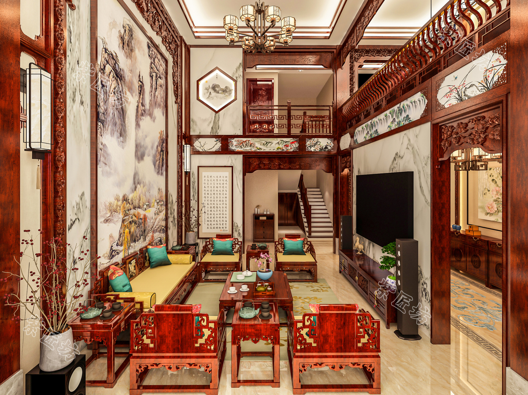 石家庄430㎡别墅装修丨中式别墅大宅,客厅一挑空气势就来啦!