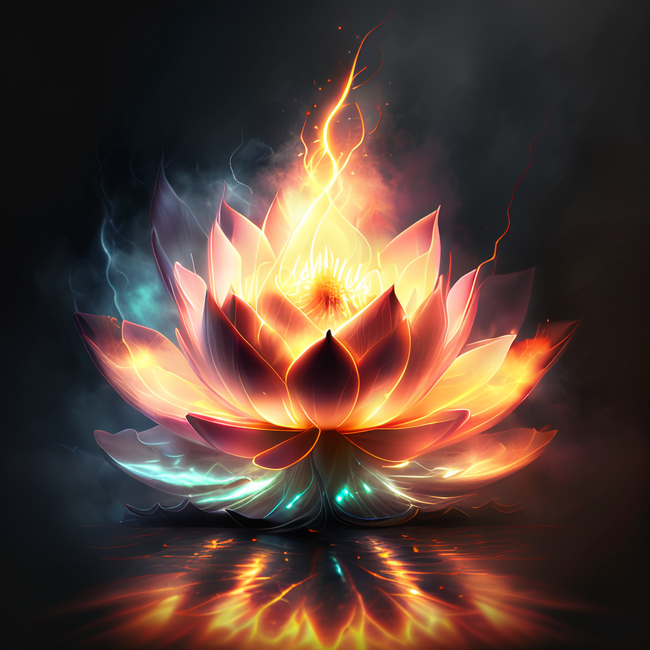 一朵莲花在火中绽放,周围的火焰,闪电,灯光效果超,暴风雪风格的艺术