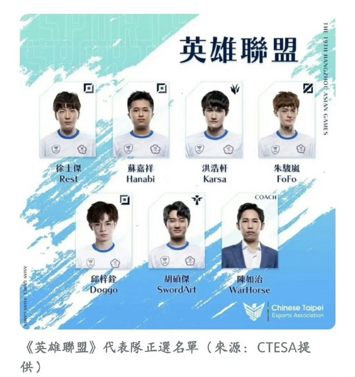中国台北官宣亚运会大名单# # 主教练:warhorse 陈如治 上单:rest