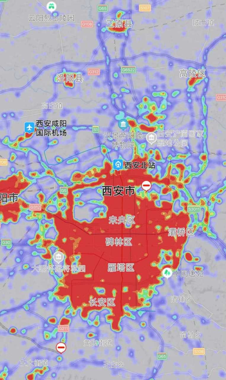 今天来看西安和济南的下午5:30的热力图,西安gdp不如济南,但是城市