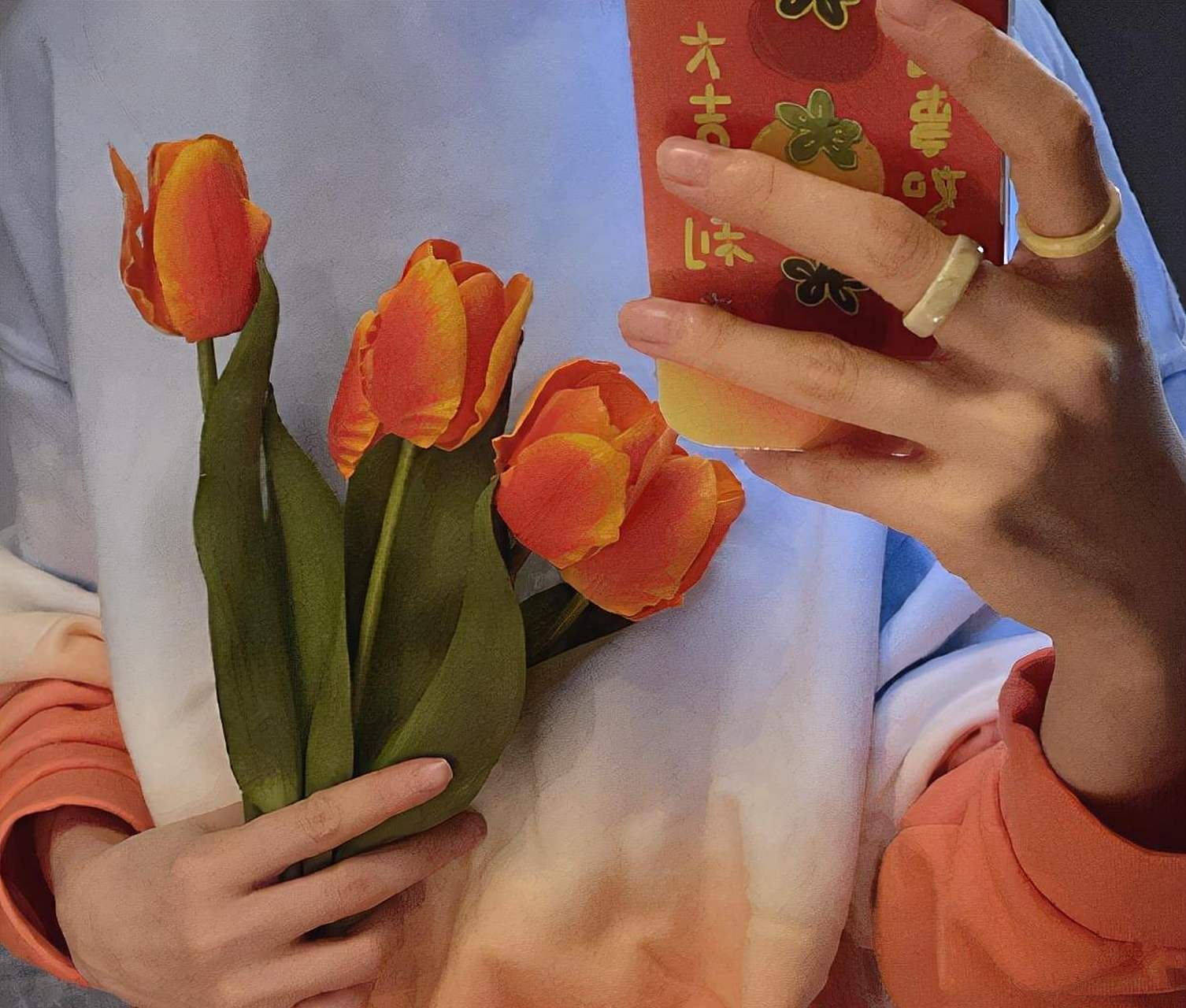 迪丽热巴手拿鲜花家中自拍