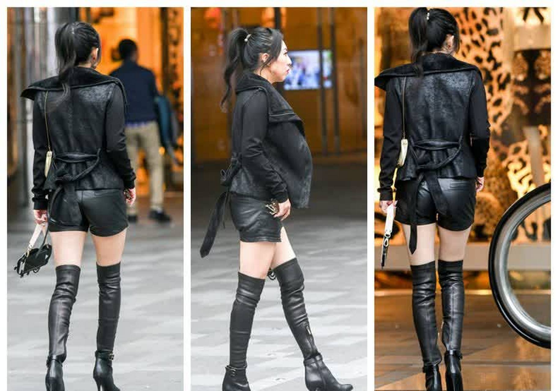 街拍:穿皮衣美女尽显时尚潮女风范