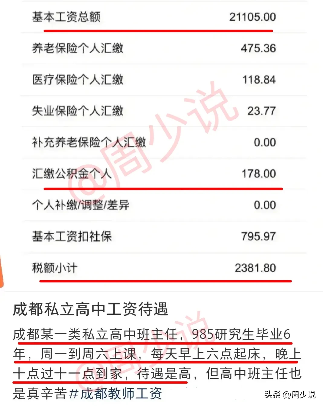 教师发文自曝薪资收入,称985研究生毕业6年,目前在成都某一类私立高中