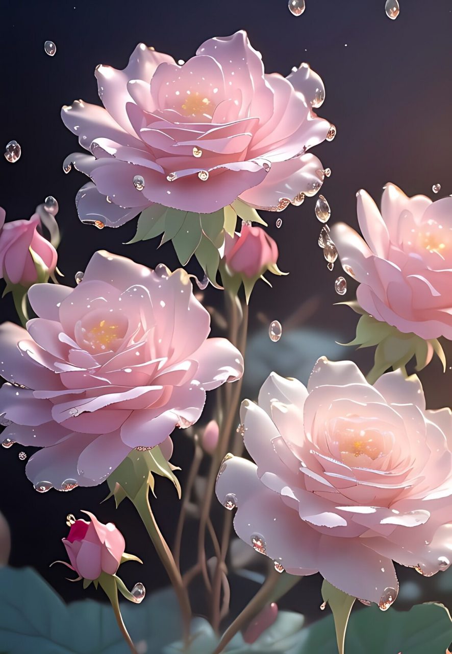 玫瑰花, 盛开在静谧的清晨, 花瓣上, 凝结着露珠的晶莹
