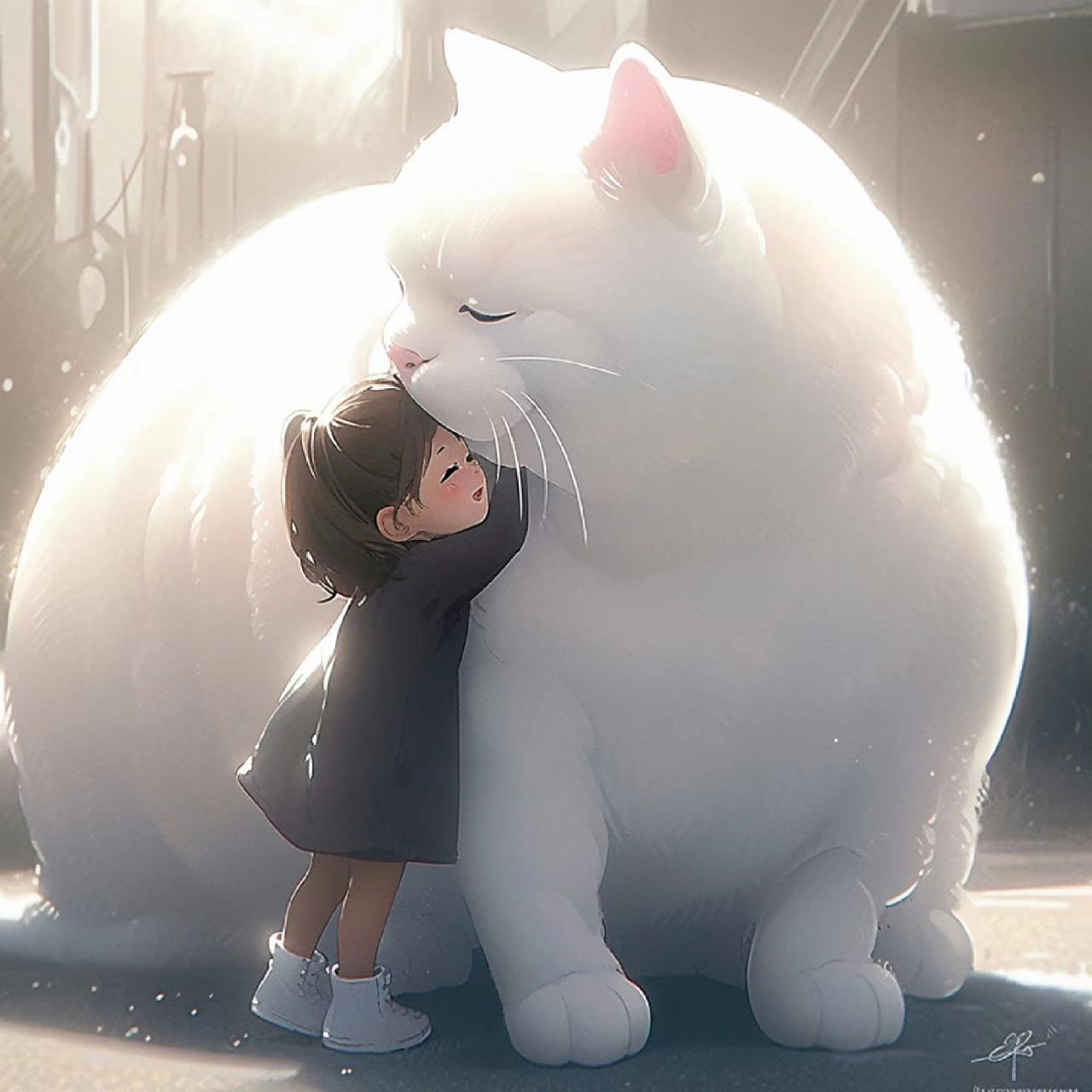 动漫# #ai共创计划# 治愈的大白猫和小女孩