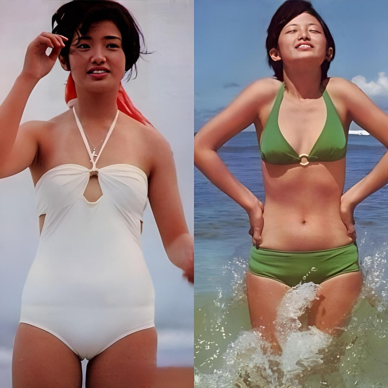 1976年,山口百惠的珍贵泳装照,13岁就正式出道的山口百惠,拥有绝佳的