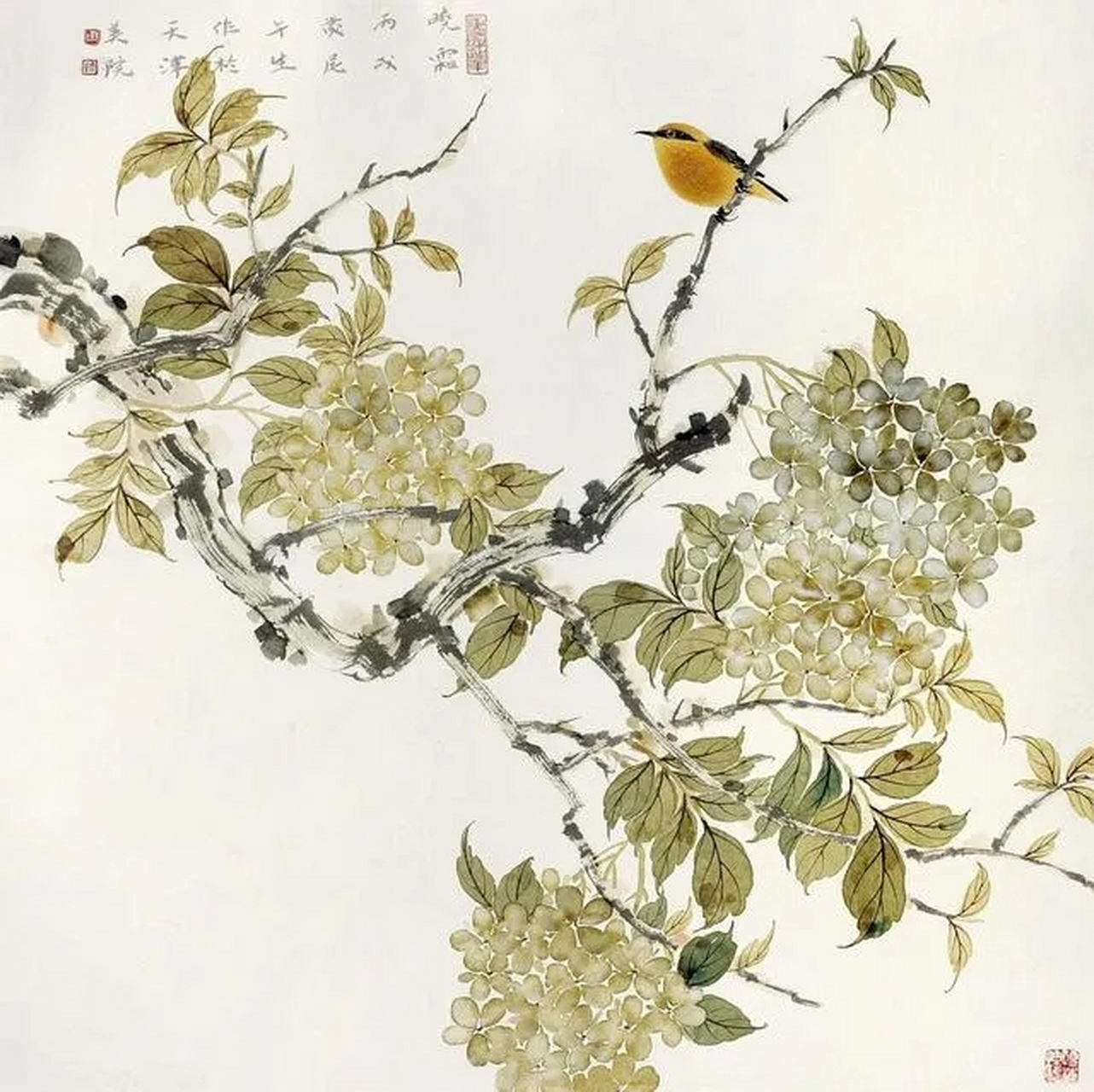 擅長沒骨花鳥畫,其作品嚴謹不拘,寧靜疏淡,極具文人氣質,畫面空靈而生