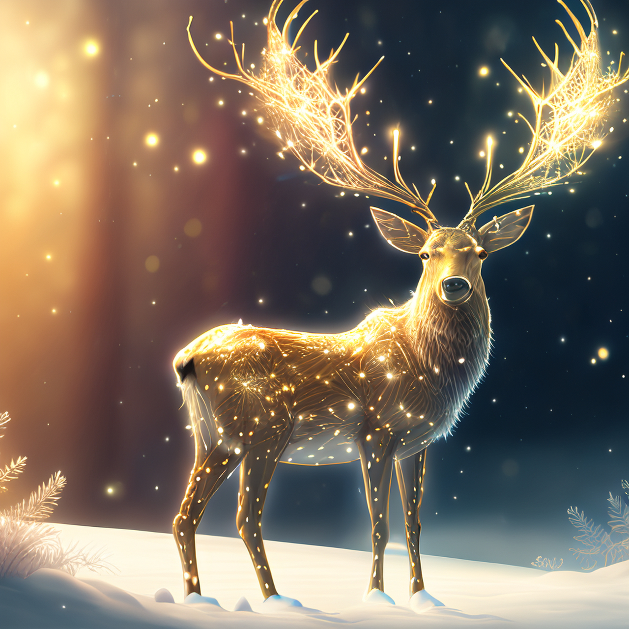 金驯鹿站在雪中,魔法,光效水果,闪光,梦幻仙境#百度ai绘图黑科技
