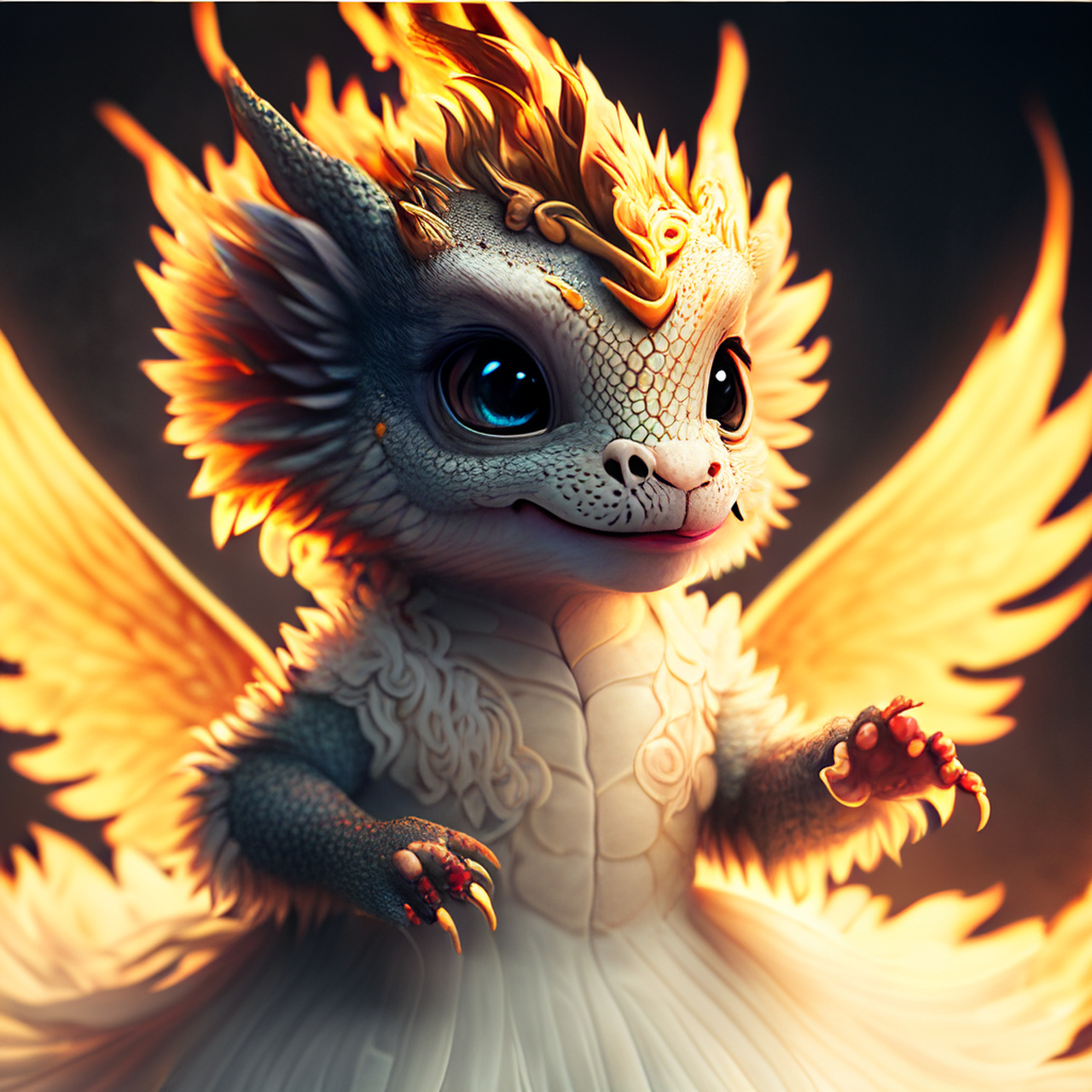 可爱的龙幼崽作为舞者的惊人肖像,穿着白色宽大的连衣裙,就像凤凰从