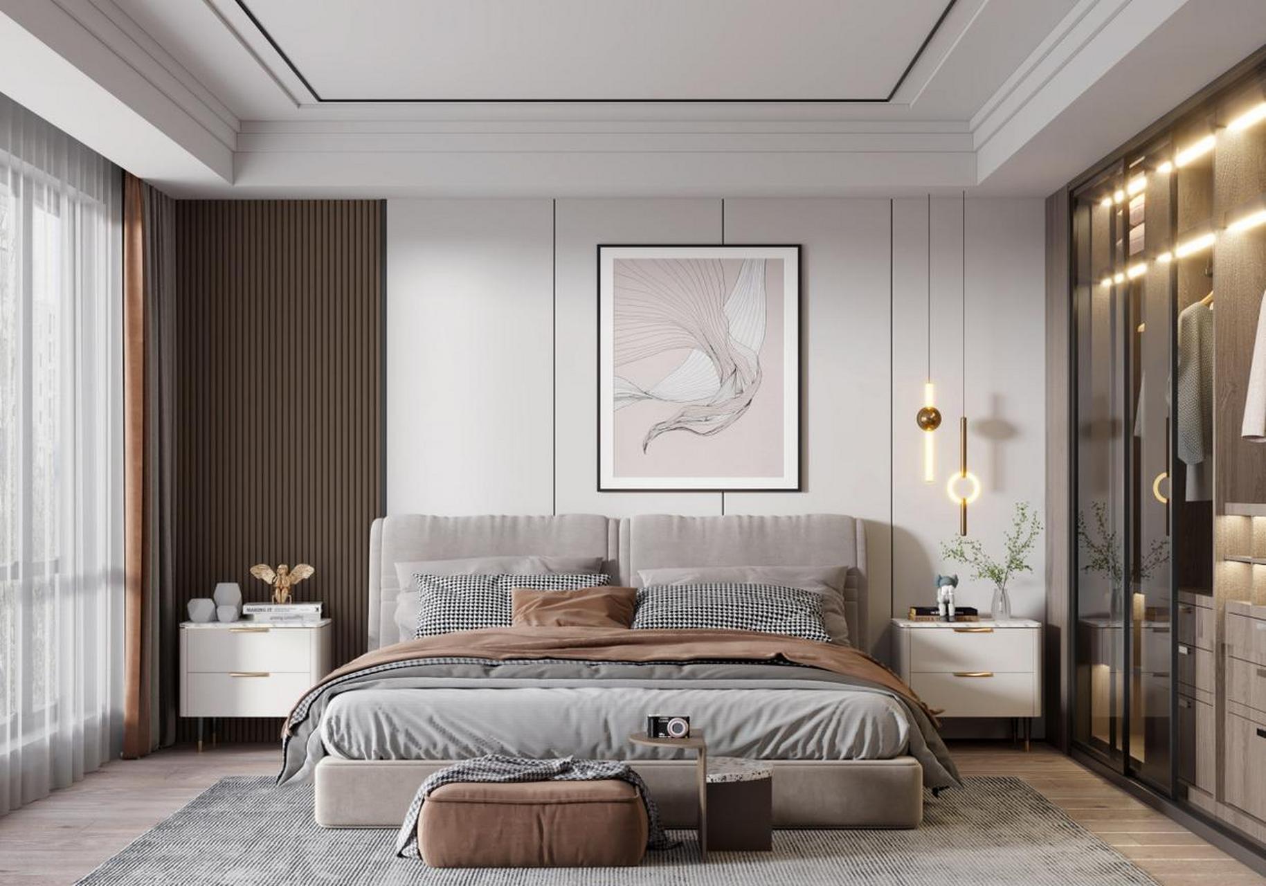 流行的现代简约风,卧室设计效果图.  你喜欢这样的装修吗?