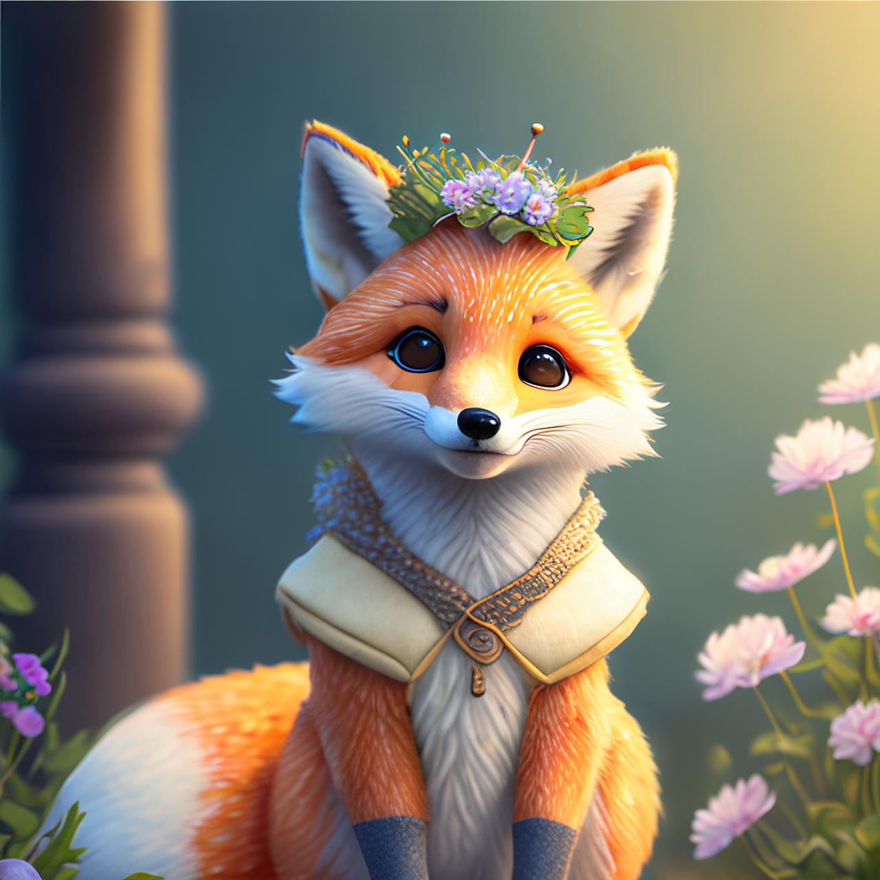 百度ai绘图黑科技#可爱的狐狸装扮成白雪皇后,在花园里,皮克斯风格