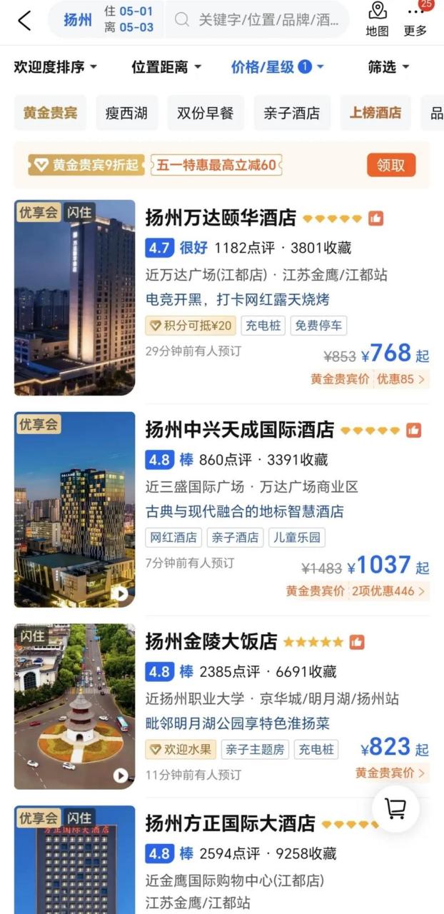我特地搜了一下五一期间扬州五星酒店的价格,没有看到有些人说的高不